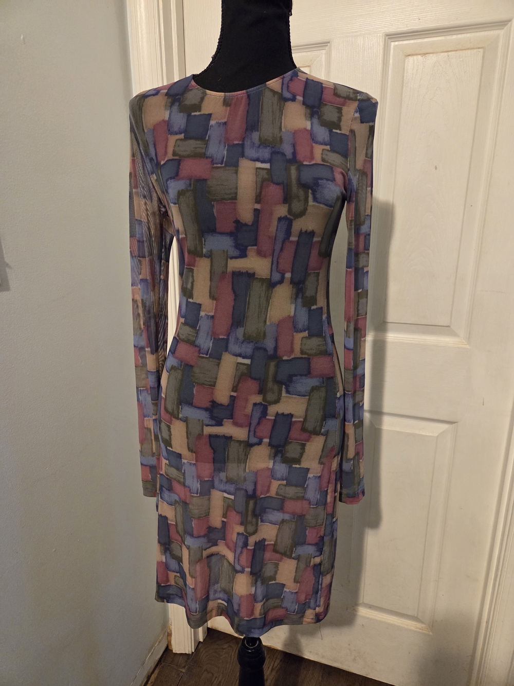 Abstract Brushstroke Print Long-Sleeve Midi Dress - Pink, Blue & Green